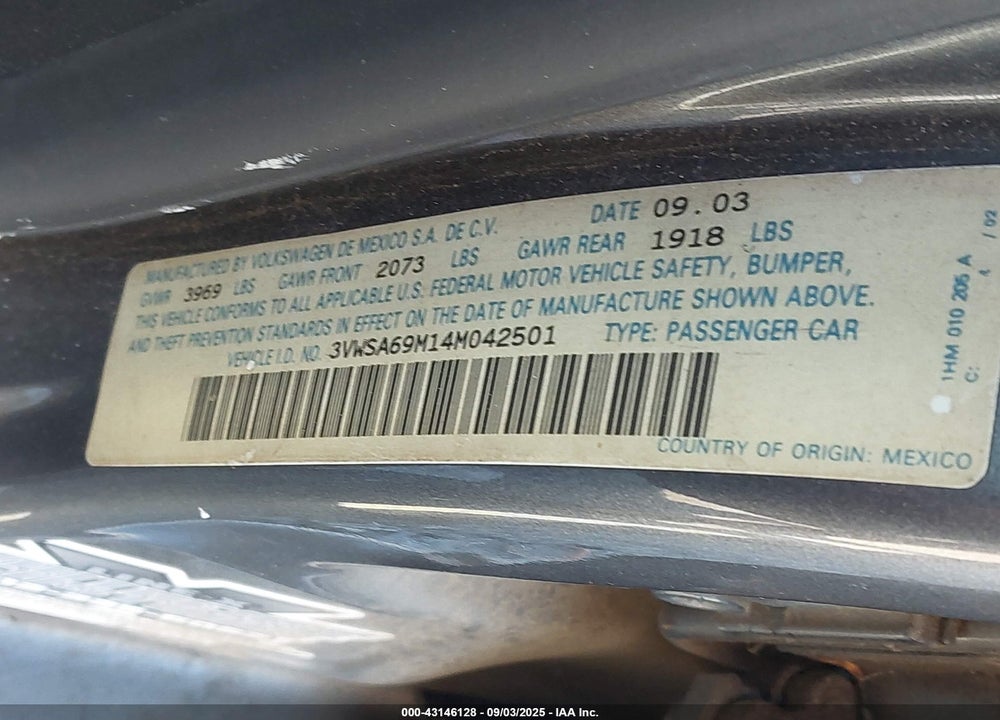 2004 VOLKSWAGEN JETTA GLS 2.0L VIN: 3VWSA69M14M042501