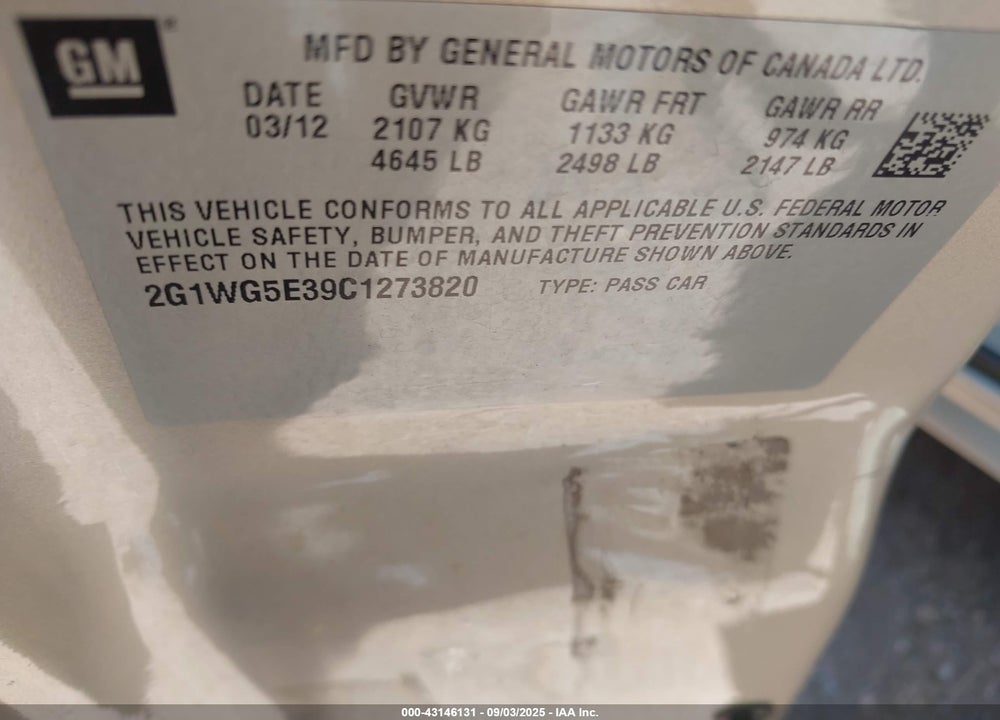 2012 CHEVROLET IMPALA VIN: 2G1WG5E39C1273820
