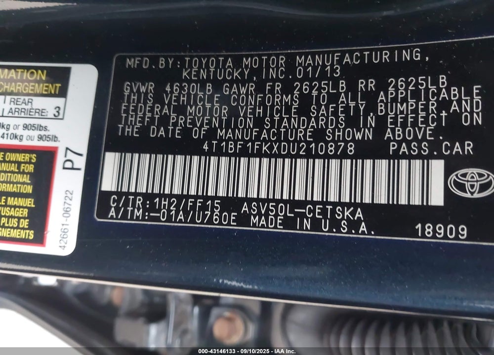 2013 TOYOTA CAMRY SE VIN: 4T1BF1FKXDU210878