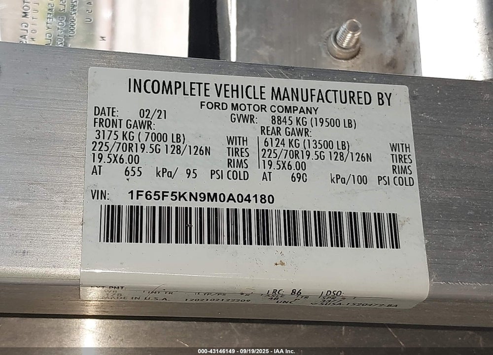 2021 FORD F-59 COMMERCIAL STRIPPED VIN: 1F65F5KN9M0A04180