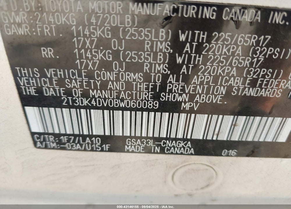2011 TOYOTA RAV4 LIMITED V6 VIN: 2T3DK4DV0BW060089