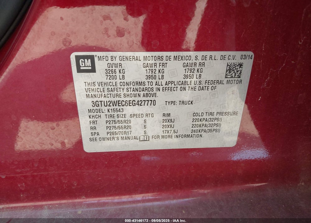 2014 GMC SIERRA 1500 DENALI VIN: 3GTU2WEC6EG427770