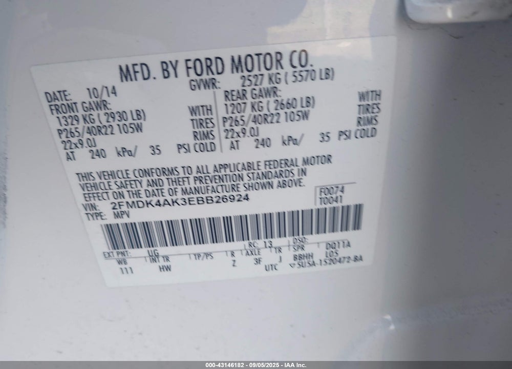 2014 FORD EDGE VIN: 2FMDK4AK3EBB26924