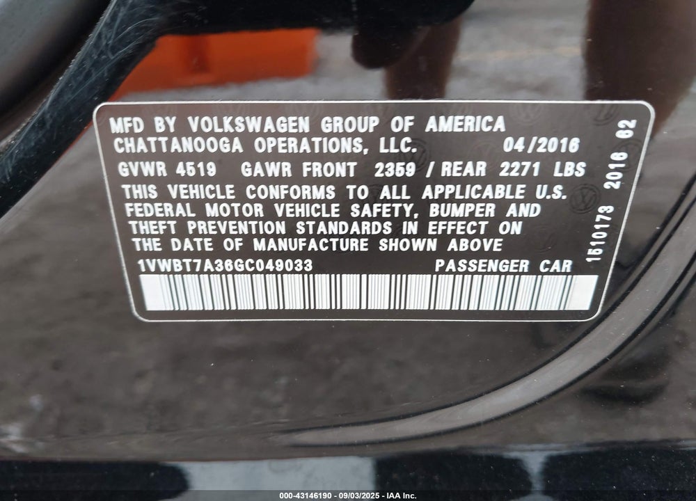 2016 VOLKSWAGEN PASSAT 1.8T SE VIN: 1VWBT7A36GC049033