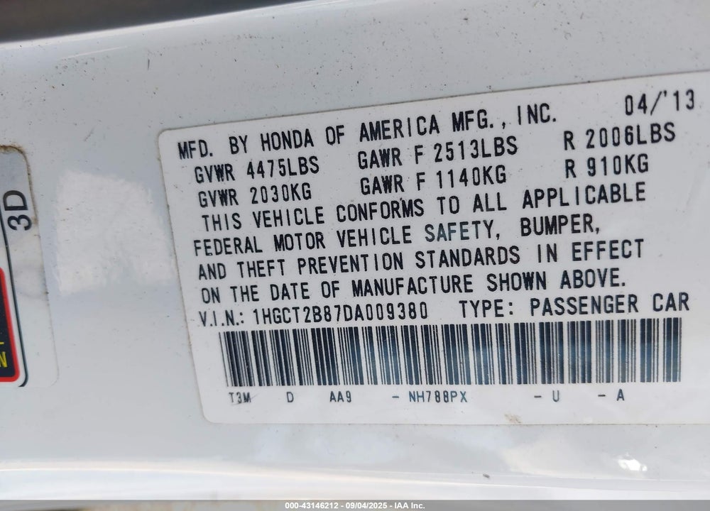 2013 HONDA ACCORD VIN: 1HGCT2B87DA009380