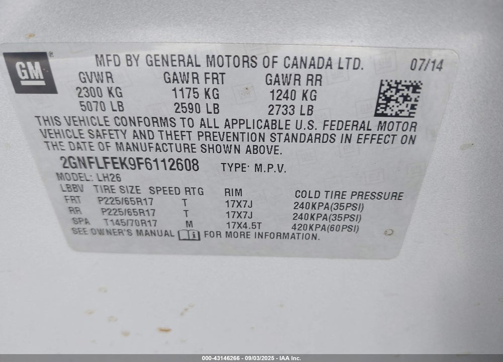 2015 CHEVROLET EQUINOX VIN: 2GNFLFEK9F6112608