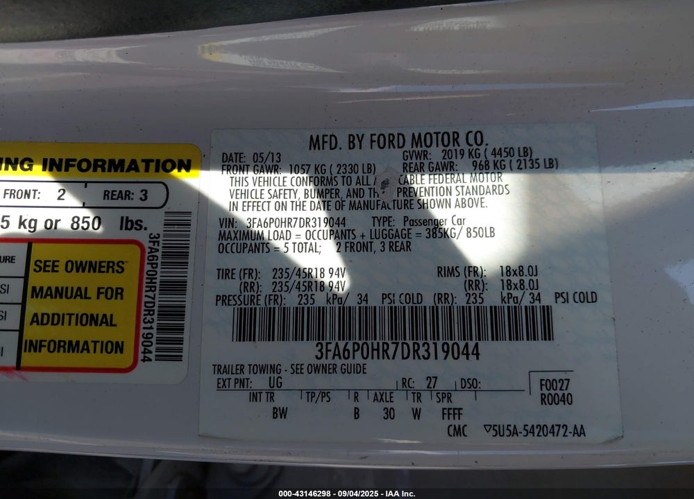 2013 FORD FUSION VIN: 3FA6P0HR7DR319044