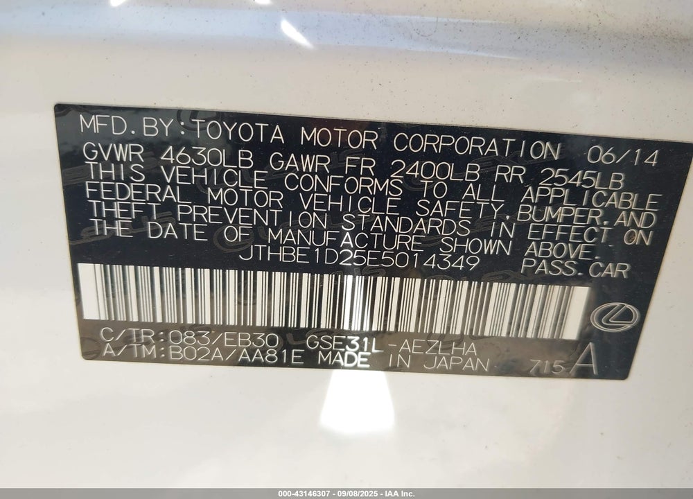 2014 LEXUS IS 350 VIN: JTHBE1D25E5014349