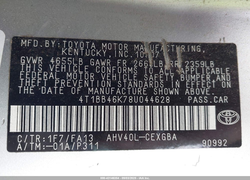 2008 TOYOTA CAMRY HYBRID VIN: 4T1BB46K78U044628