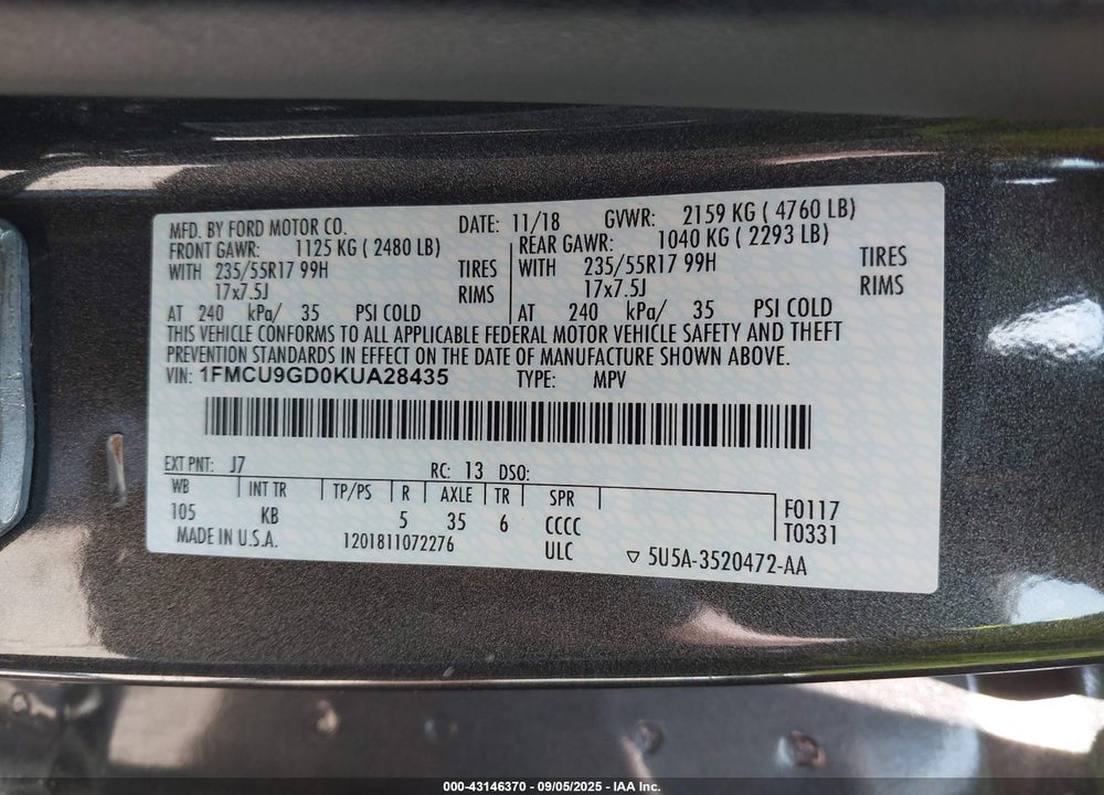 2019 FORD ESCAPE VIN: 1FMCU9GD0KUA28435
