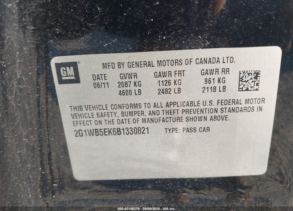 2011 CHEVROLET IMPALA LT VIN: 2G1WB5EK6B1330821