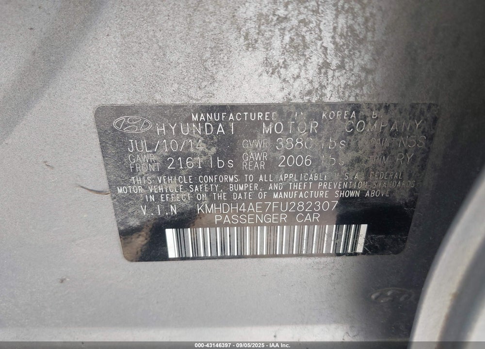 2015 HYUNDAI ELANTRA VIN: KMHDH4AE7FU282307