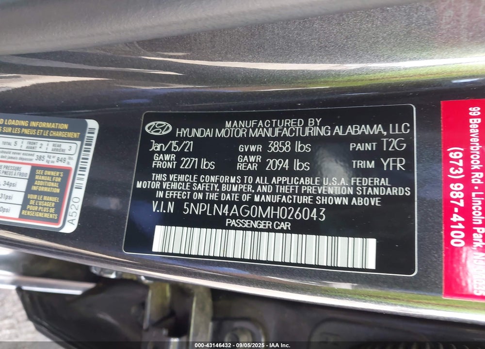 2021 HYUNDAI ELANTRA VIN: 5NPLN4AG0MH026043