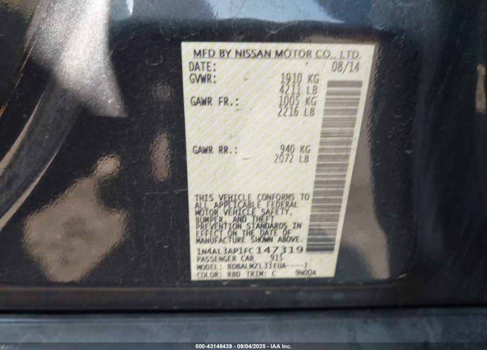 2015 NISSAN ALTIMA VIN: 1N4AL3AP1FC147319