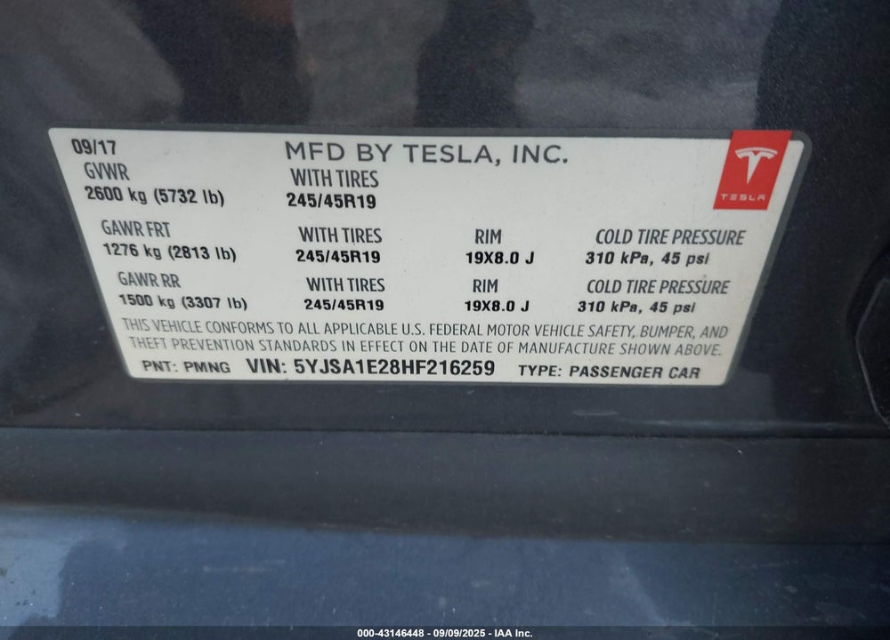 2017 TESLA MODEL S VIN: 5YJSA1E28HF216259