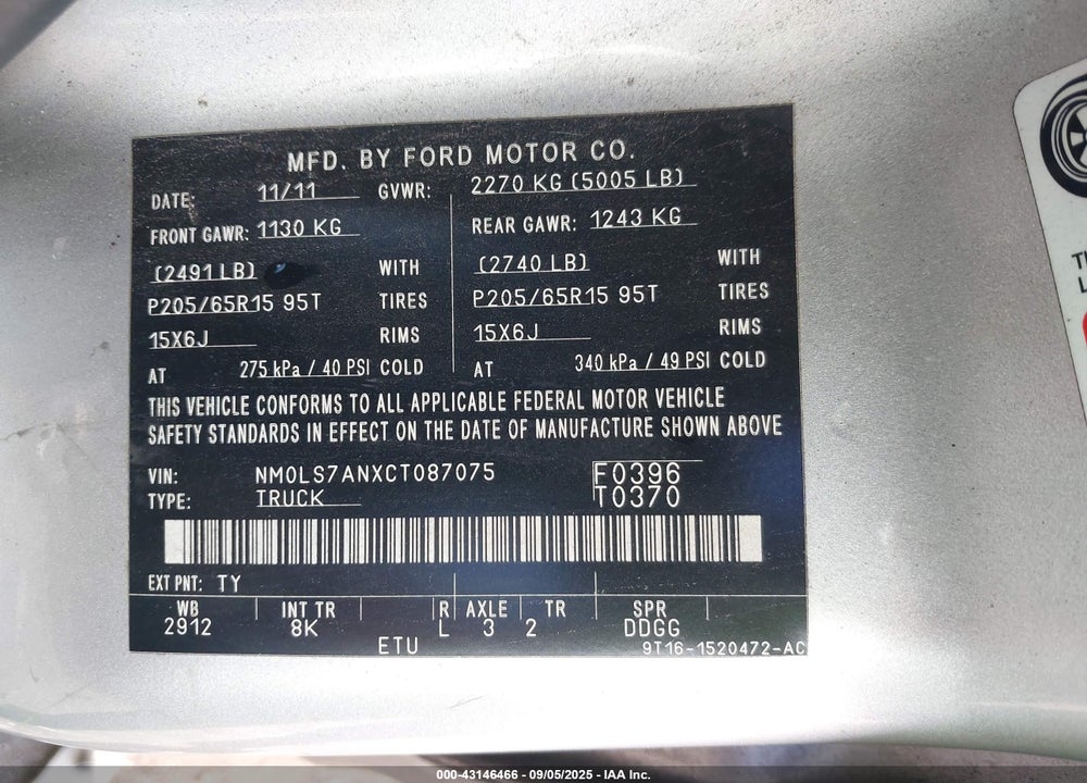 2012 FORD TRANSIT CONNECT VIN: NM0LS7ANXCT087075