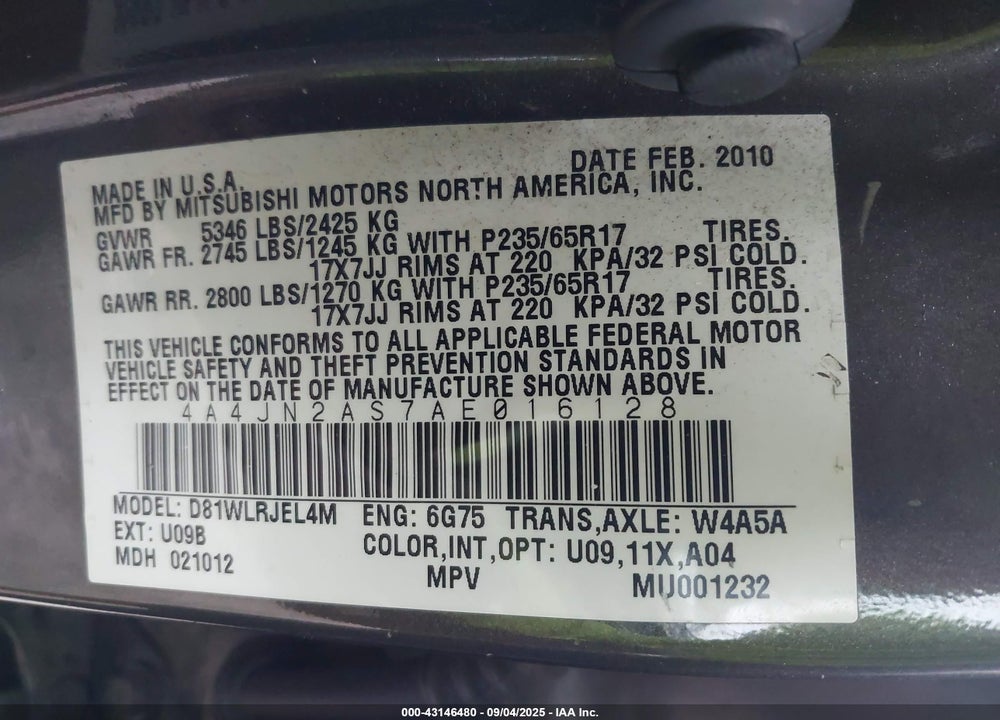 2010 MITSUBISHI ENDEAVOR VIN: 4A4JN2AS7AE016128