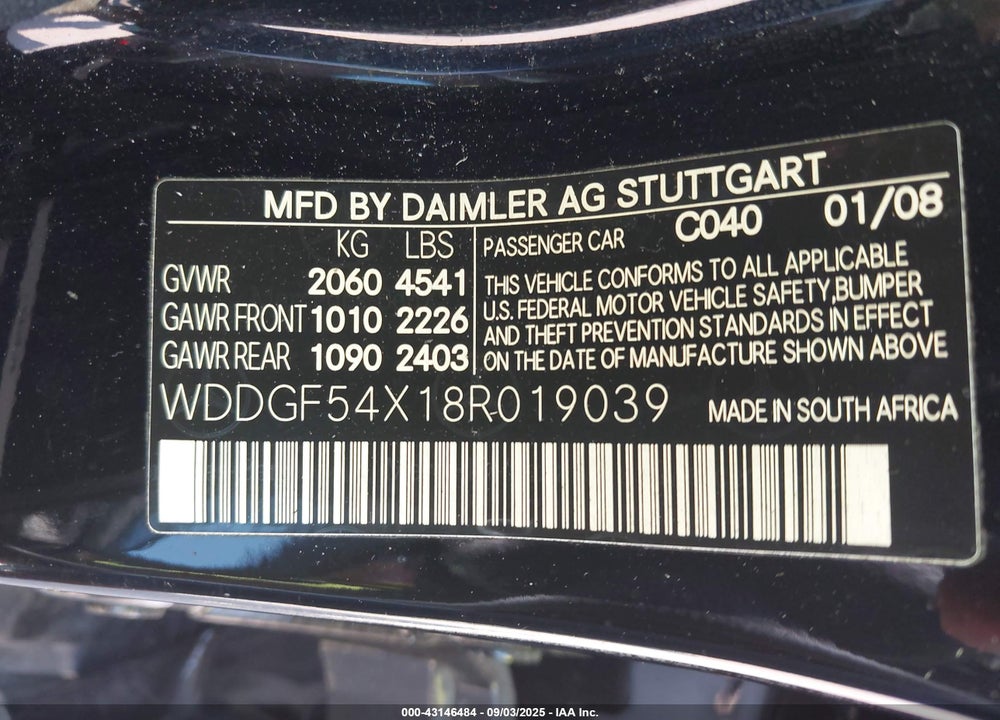 2008 MERCEDES-BENZ C 300 LUXURY VIN: WDDGF54X18R019039