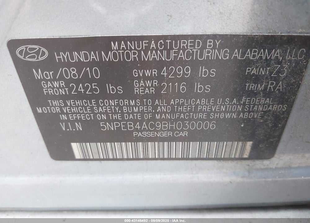 2011 HYUNDAI SONATA GLS VIN: 5NPEB4AC9BH030006