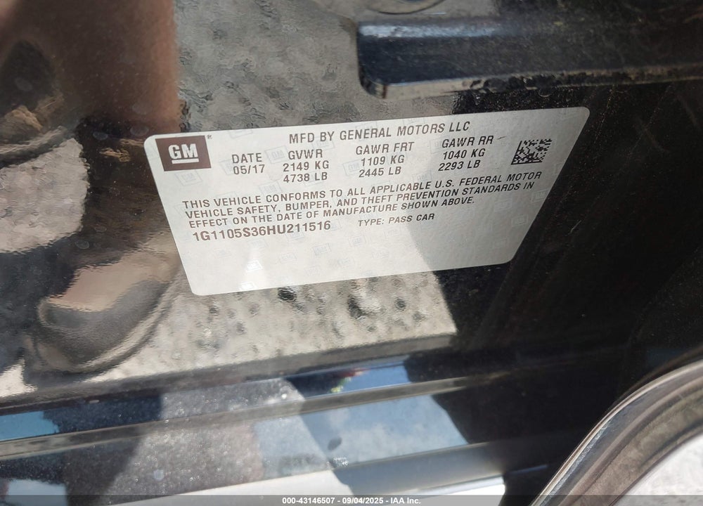 2017 CHEVROLET IMPALA VIN: 1G1105S36HU211516
