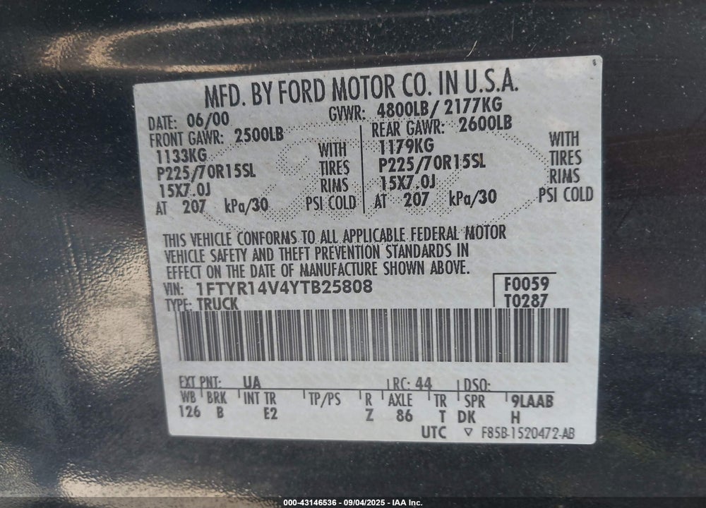 2000 FORD RANGER XL/XLT VIN: 1FTYR14V4YTB25808