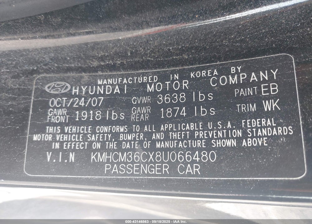 2008 HYUNDAI ACCENT GS VIN: KMHCM36CX8U066480