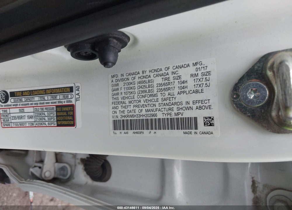 2017 HONDA CR-V VIN: 2HKRW6H33HH202966