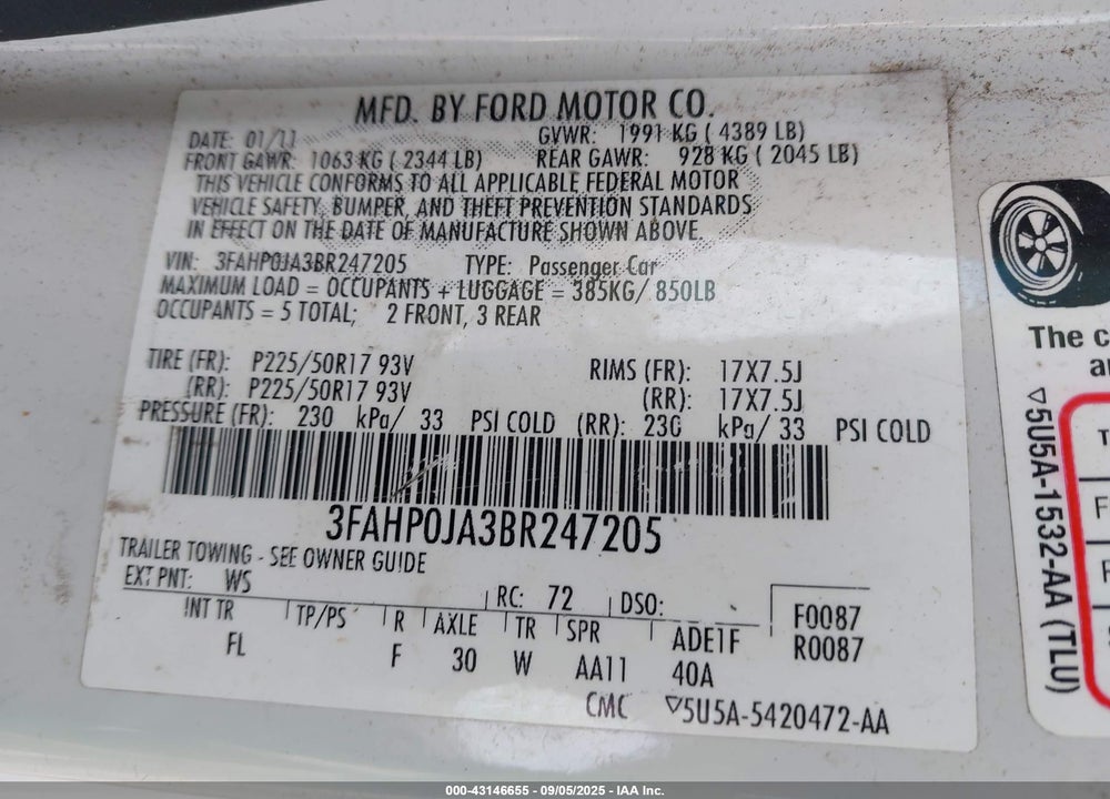 2011 FORD FUSION SEL VIN: 3FAHP0JA3BR247205