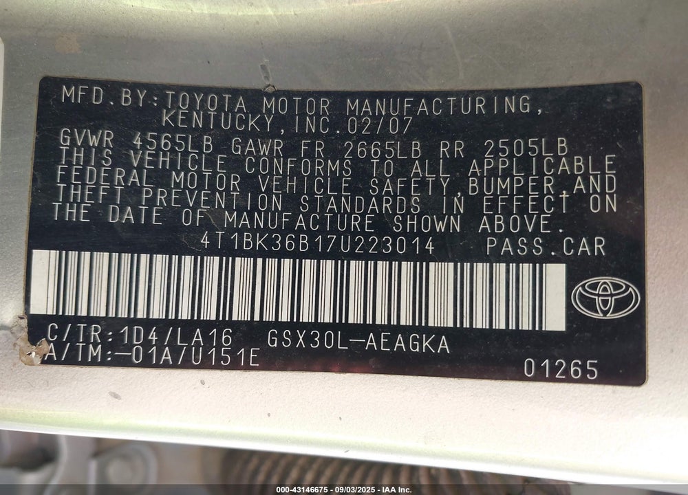 2007 TOYOTA AVALON VIN: 4T1BK36B17U223014