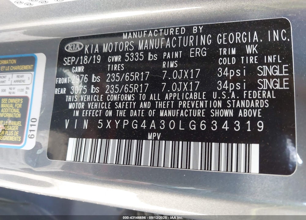 2020 KIA SORENTO VIN: 5XYPG4A30LG634319