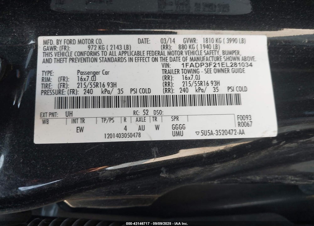 2014 FORD FOCUS VIN: 1FADP3F21EL281034