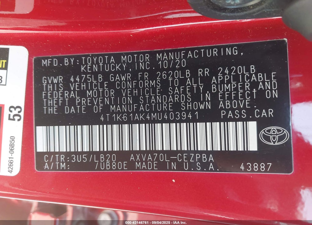 2021 TOYOTA CAMRY VIN: 4T1K61AK4MU403941