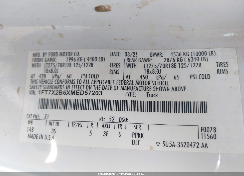 2021 FORD F-250 VIN: 1FT7X2B6XMED57203