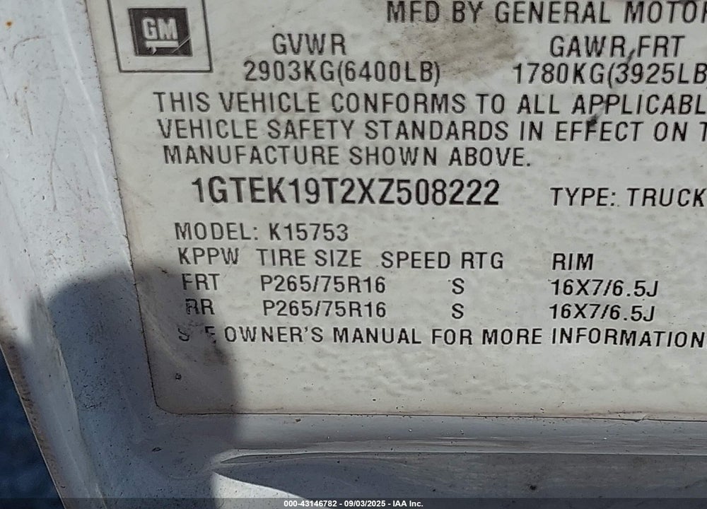 1999 GMC SIERRA 1500 SLE VIN: 1GTEK19T2XZ508222