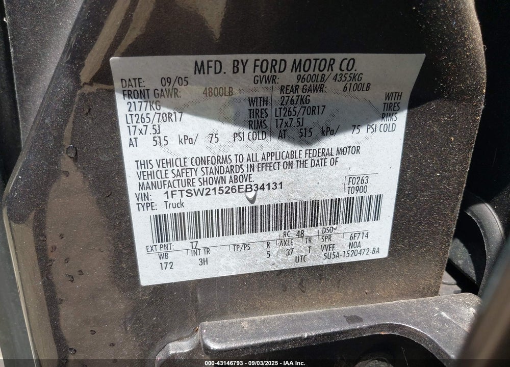 2006 FORD F-250 LARIAT/XL/XLT VIN: 1FTSW21526EB34131