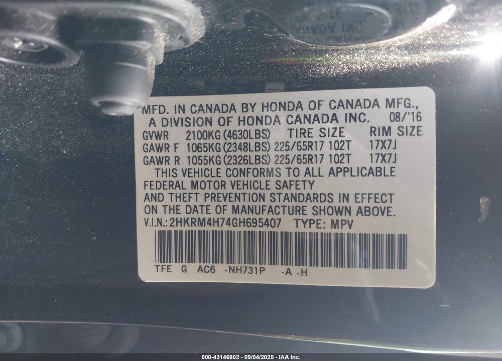 2016 HONDA CR-V VIN: 2HKRM4H74GH695407