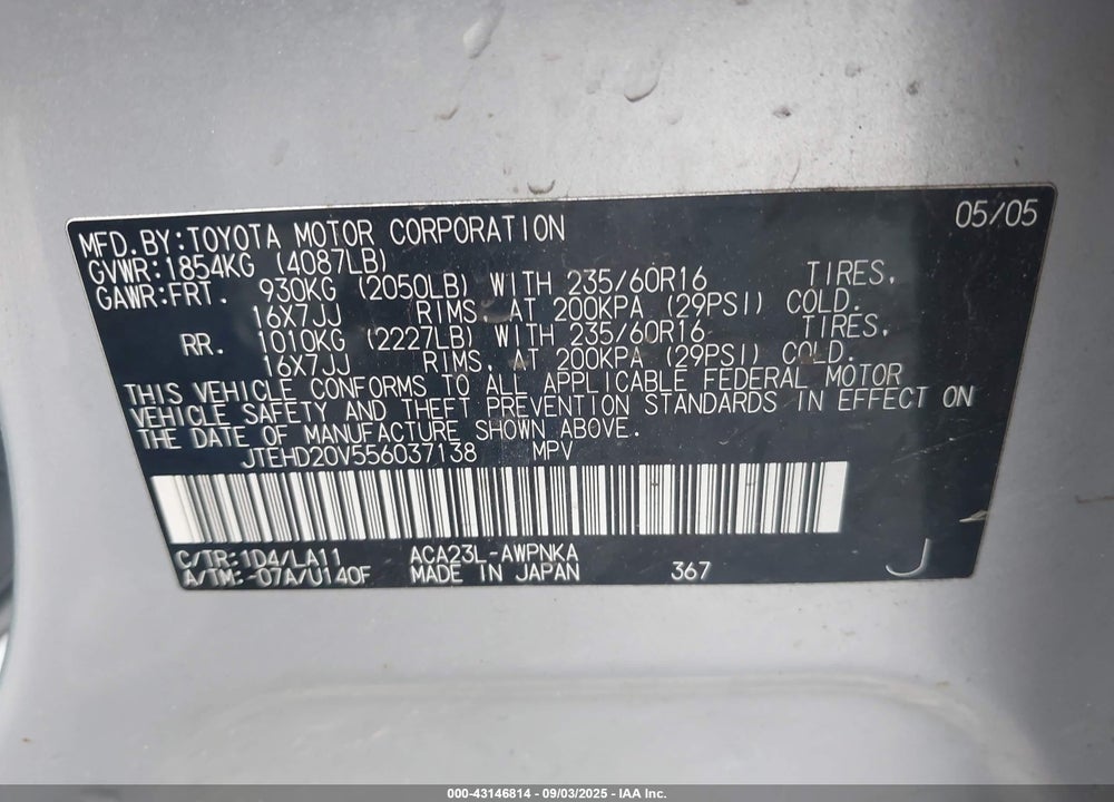 2005 TOYOTA RAV4 VIN: JTEHD20V556037138
