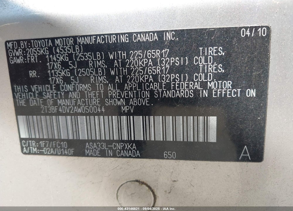 2010 TOYOTA RAV4 VIN: 2T3BF4DV2AW050044