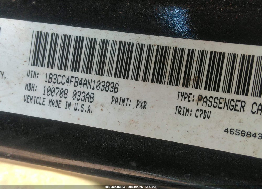 2010 DODGE AVENGER VIN: 1B3CC4FB4AN103836