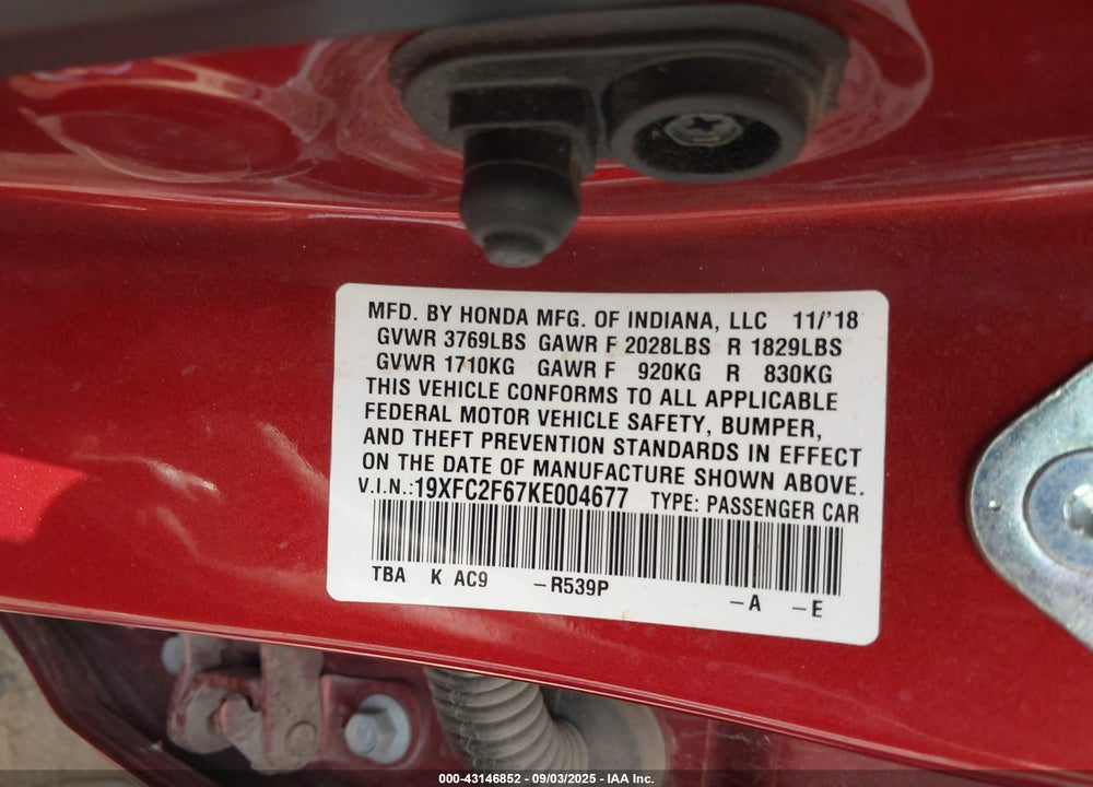 2019 HONDA CIVIC VIN: 19XFC2F67KE004677