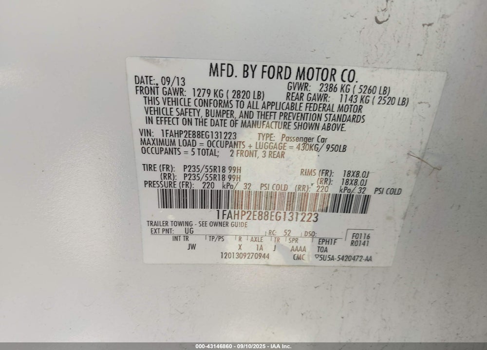 2014 FORD TAURUS VIN: 1FAHP2E88EG131223