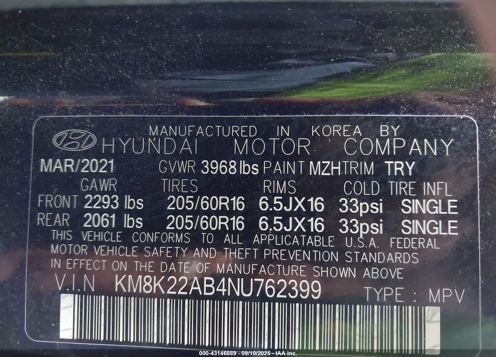 2022 HYUNDAI KONA VIN: KM8K22AB4NU762399