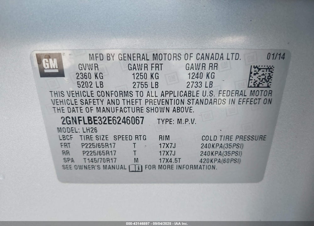 2014 CHEVROLET EQUINOX VIN: 2GNFLBE32E6246067