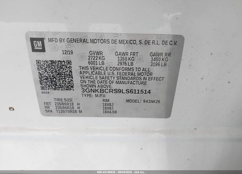 2020 CHEVROLET BLAZER VIN: 3GNKBCRS9LS611514