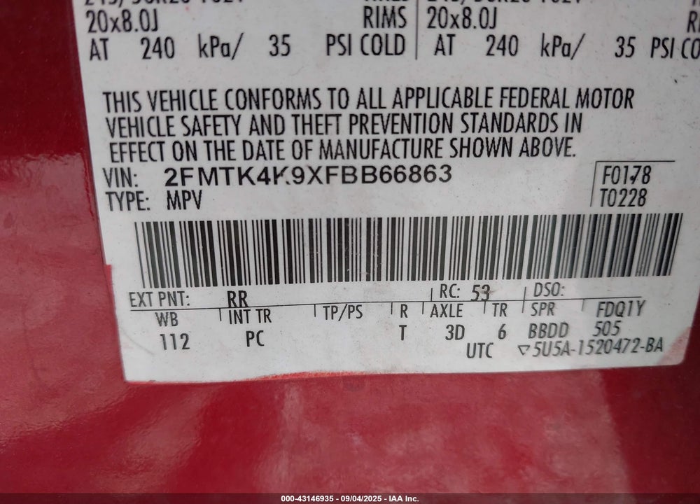 2015 FORD EDGE VIN: 2FMTK4K9XFBB66863
