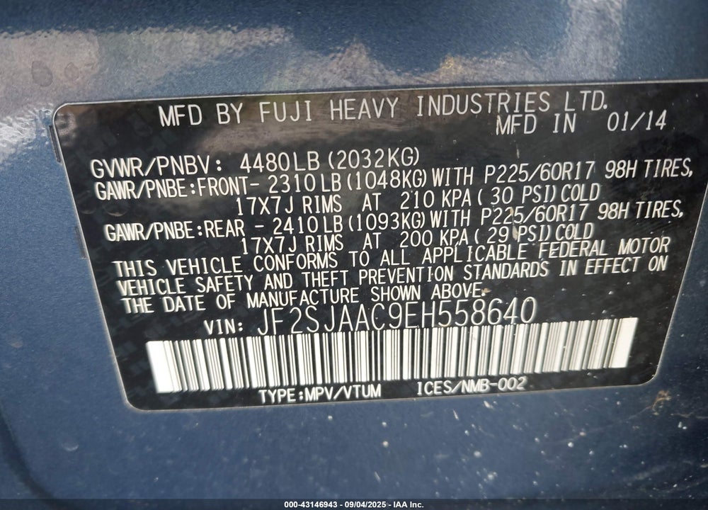2014 SUBARU FORESTER VIN: JF2SJAAC9EH558640