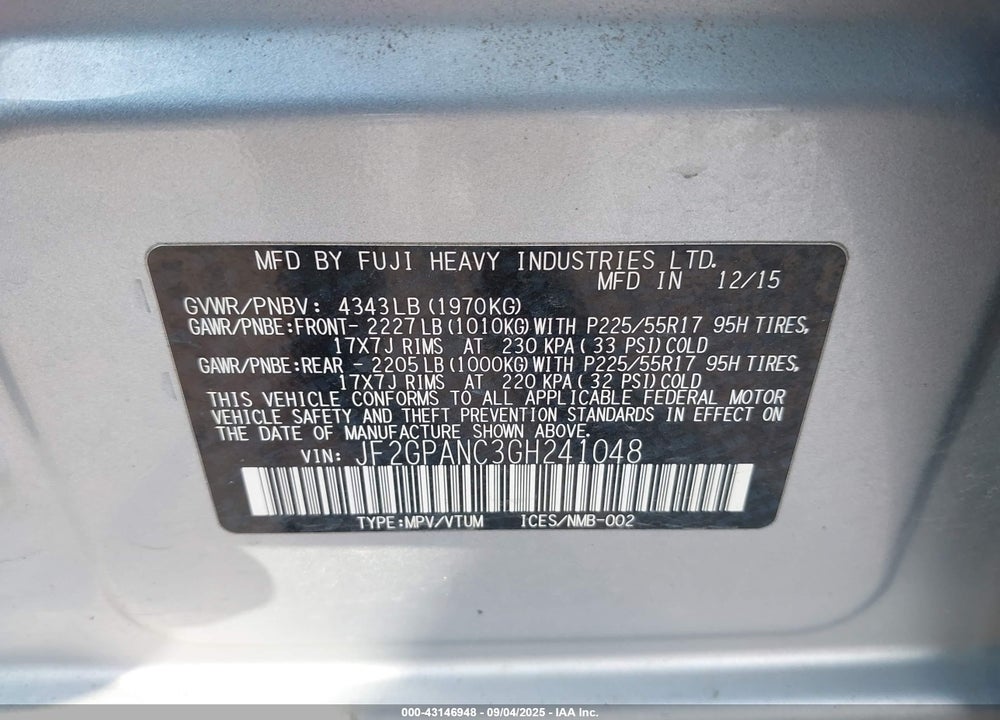 2016 SUBARU CROSSTREK VIN: JF2GPANC3GH241048