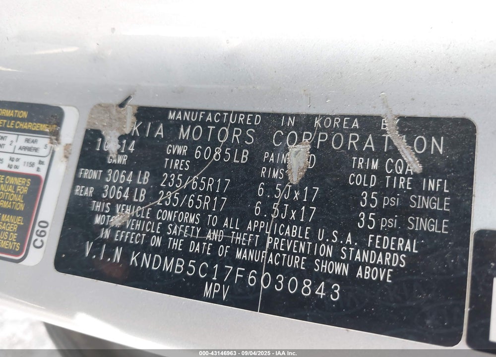2015 KIA SEDONA VIN: KNDMB5C17F6030843