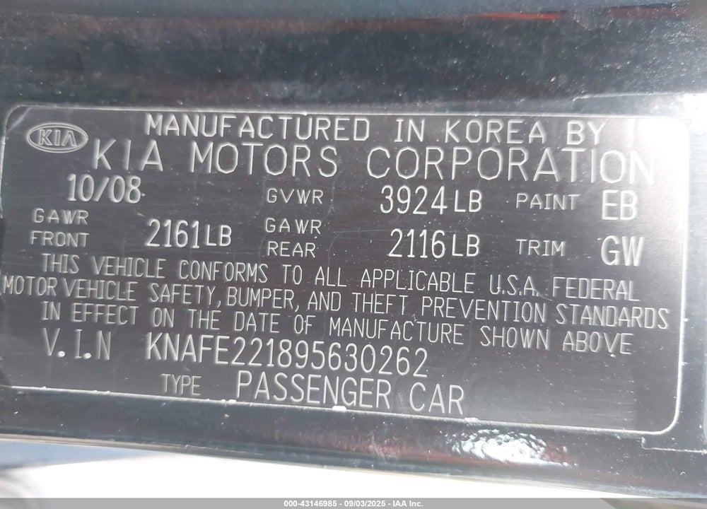 2009 KIA SPECTRA VIN: KNAFE221895630262