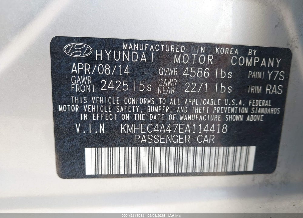 2014 HYUNDAI SONATA HYBRID VIN: KMHEC4A47EA114418